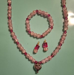 Pink heart #homemade beaded necklace with bracelet and earrings